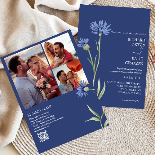 Dusty blue Bold Floral stylish Qr code wedding  In Invitation