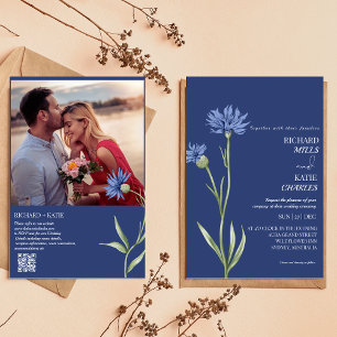 Dusty blue Bold Floral stylish Qr code wedding Invitation