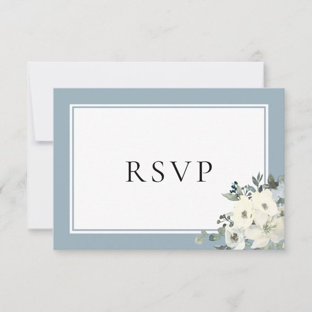 Dusty Blue Border Elegant Menu Choice RSVP Card (Front)
