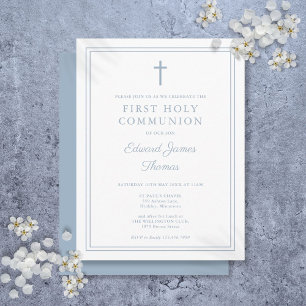 Dusty Blue Border First Holy Communion Invitation Postcard