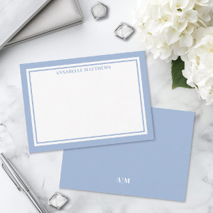 Dusty Blue Border Minimalist Name Monogram Note Card