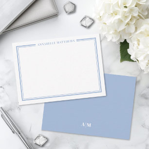 Dusty Blue Border Minimalist Name Monogram Note Card