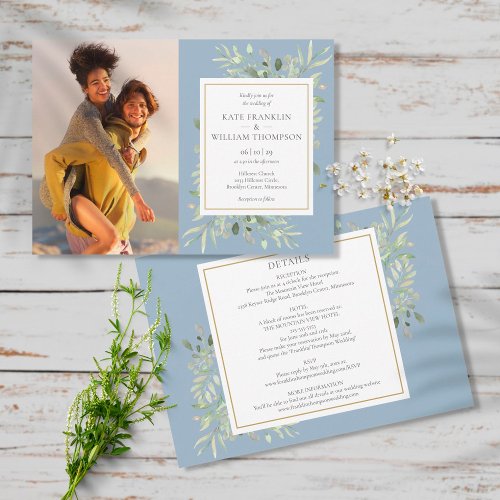Dusty Blue Botanical All In One Photo Wedding Invitation