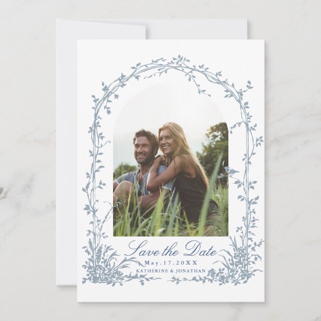 Dusty Blue Botanical Arch Garden Wedding Photo Save The Date (Front)
