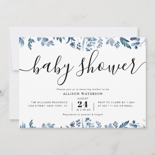 dusty blue botanical baby shower invitation