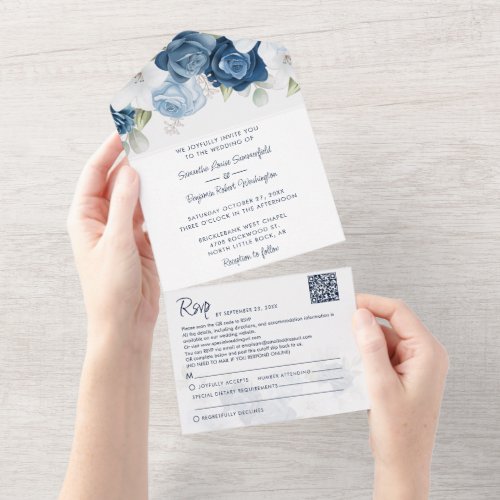 Dusty Blue Botanical Bloom Script Wedding All In One Invitation