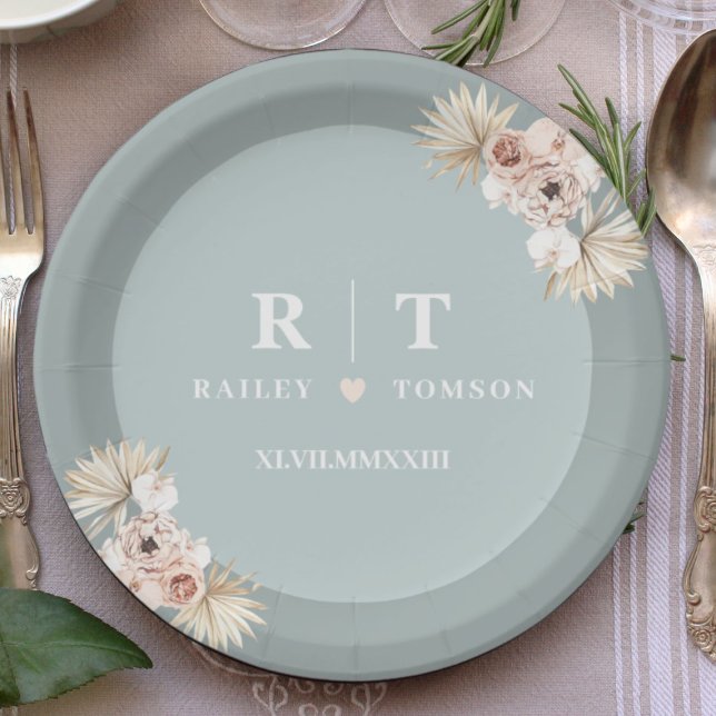 Dusty Blue Botanical Boho Elegant Wedding Monogram Paper Plates (Creator Uploaded)