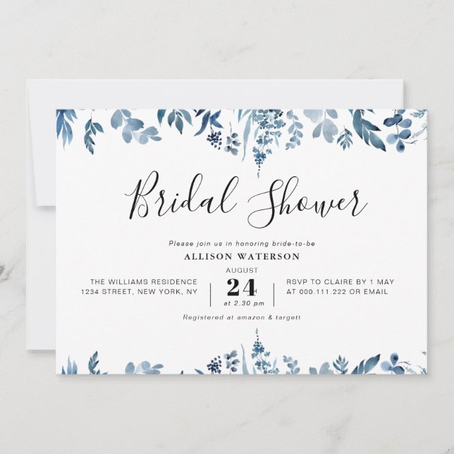 dusty blue botanical bridal shower invitation (Front)