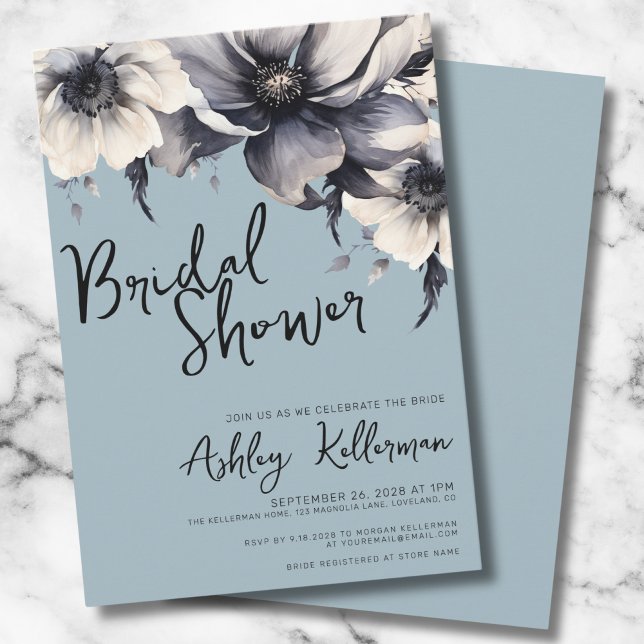 Dusty Blue Botanical Bridal Shower Invitation (Cute Elegant Floral Light Blue Bridal Shower Party Invitation)