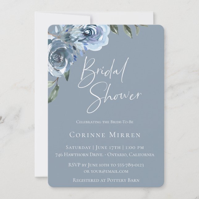 Dusty Blue Botanical Bridal Shower Invitation (Front)