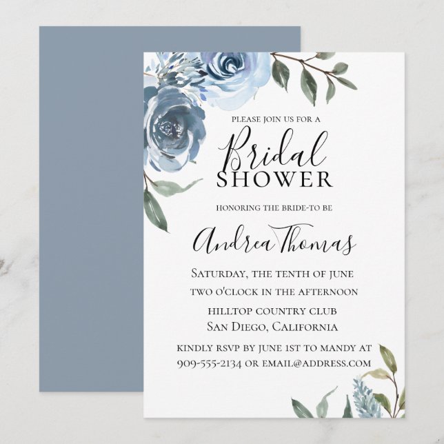 Dusty Blue Botanical Bridal Shower Invitation (Front/Back)