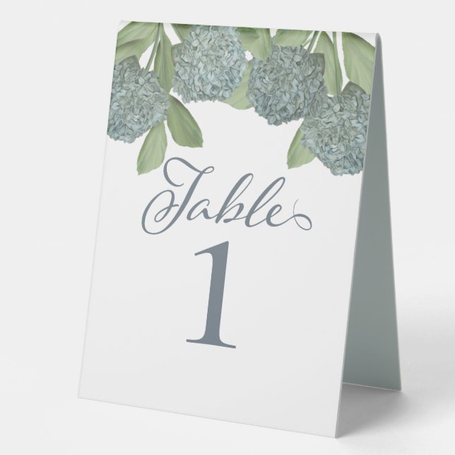 Dusty Blue Botanical Calligraphy Elegant Reception Table Tent (Front)