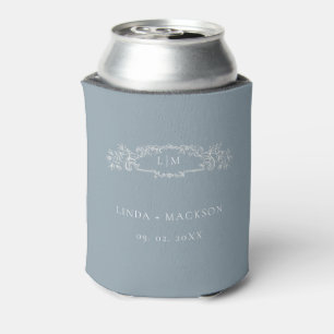Dusty Blue botanical crest monogram wedding Can Cooler