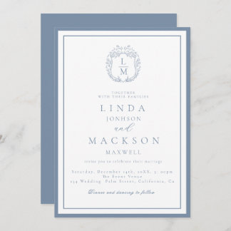 Dusty blue botanical crest monogram wedding invitation