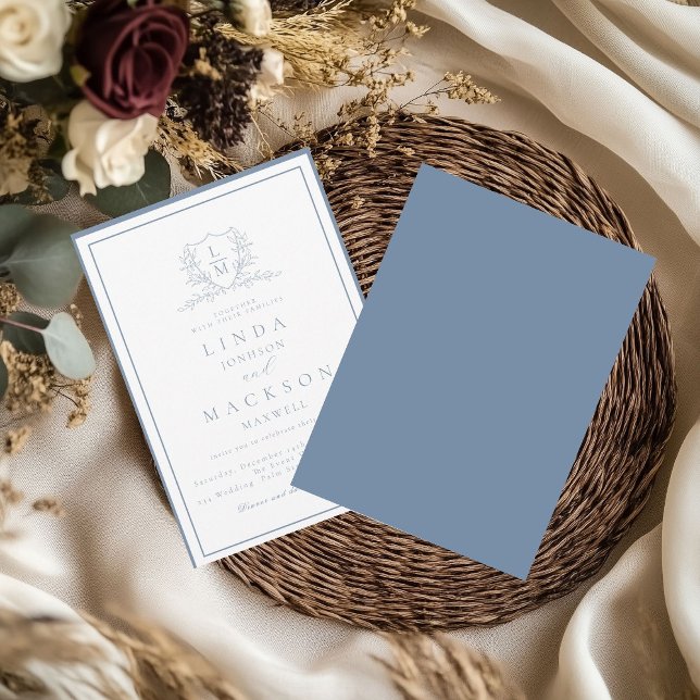 Dusty blue botanical crest monogram wedding invitation (Creator Uploaded)