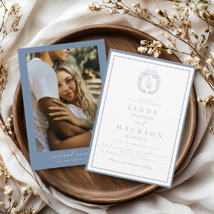 Dusty blue botanical crest monogram wedding invitation