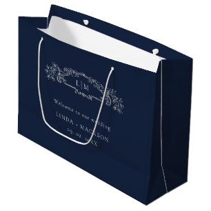 Dusty Blue botanical crest monogram wedding Large Gift Bag
