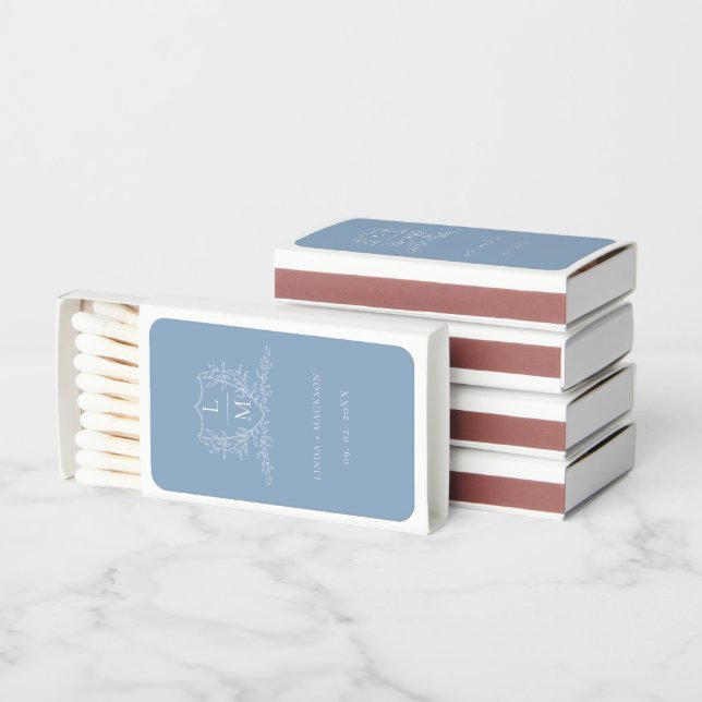 Dusty Blue botanical crest monogram wedding Matchboxes (Stacked)