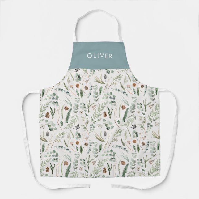 Dusty blue botanical elegant modern family gift apron (Front)