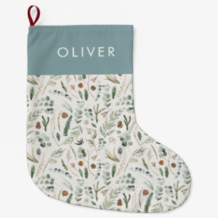 Dusty blue botanical elegant modern family gift large christmas stocking