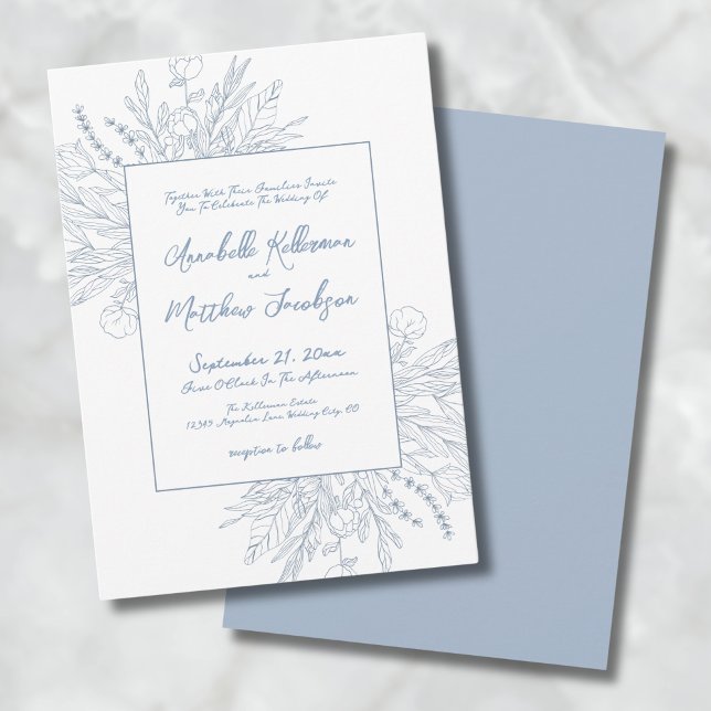 Dusty Blue Botanical Elegant Wedding Invitation (Dusty Blue Romantic Botanical Elegant Wedding Invitation)