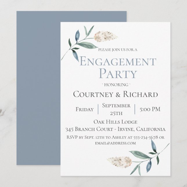 Dusty Blue Botanical Engagement Party Invitation (Front/Back)
