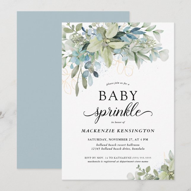 Dusty Blue Botanical Eucalyptus Baby Sprinkle Invitation (Front/Back)