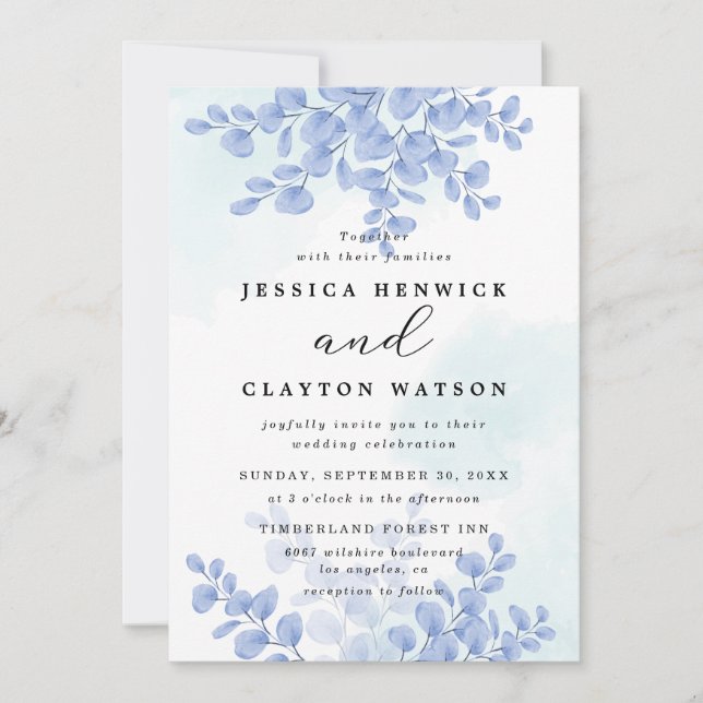 Dusty Blue Botanical Eucalyptus Leaves Wedding Invitation (Front)