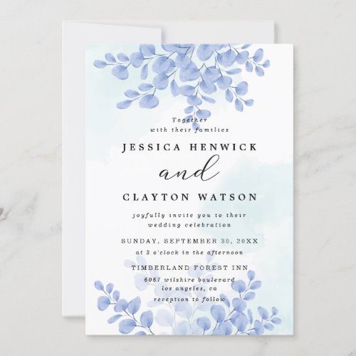 Dusty Blue Botanical Eucalyptus Leaves Wedding Invitation