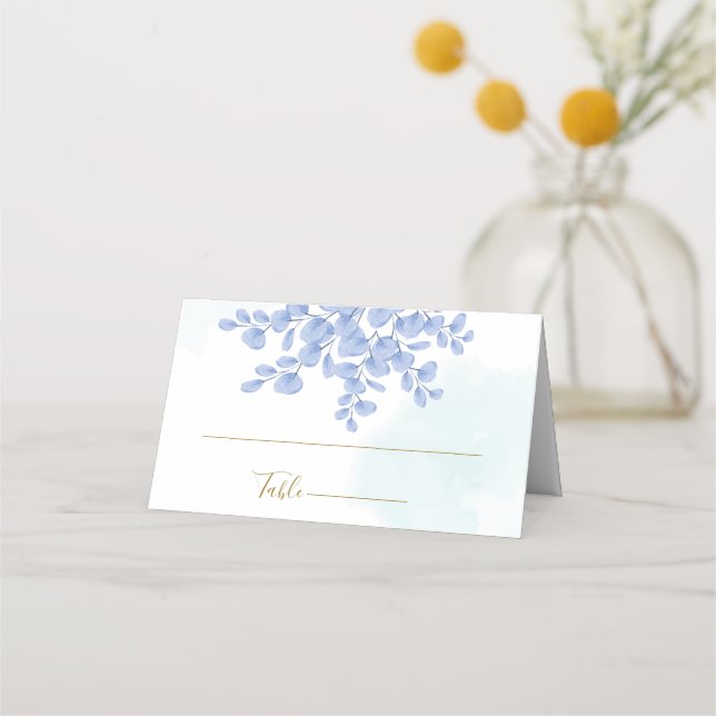 Dusty Blue Botanical Eucalyptus Leaves Wedding Place Card (Front)