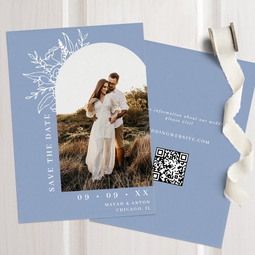 Dusty Blue Botanical Floral Arch Photo Wedding Save The Date