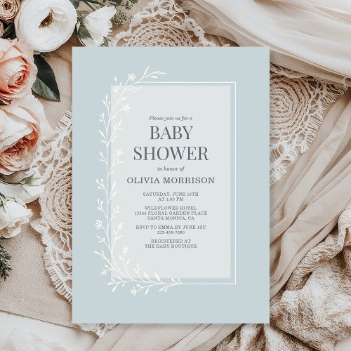 Botanical Blue Floral or wildflower baby shower invitation
