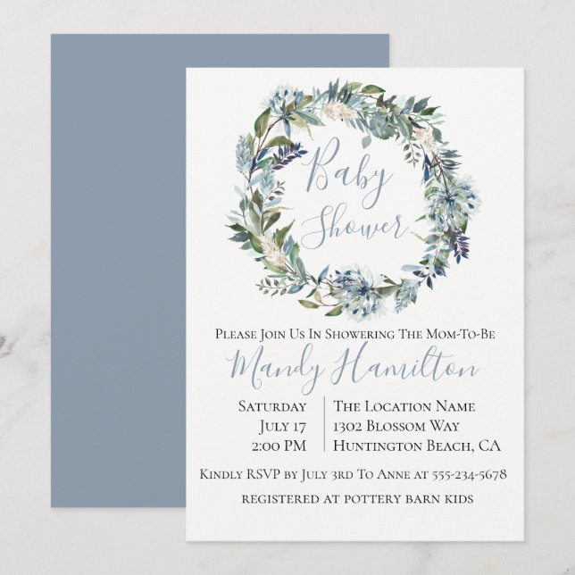 Dusty Blue Botanical Floral Baby Shower Invitation (Front/Back)