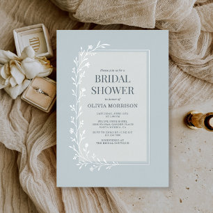 Dusty Blue Botanical Floral Bridal Shower Silver Foil Invitation