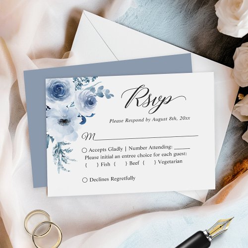 Dusty Blue Botanical Floral Budget Small RSVP Card