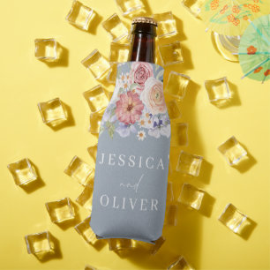 Dusty Blue Botanical Floral Watercolor Wedding Bottle Cooler
