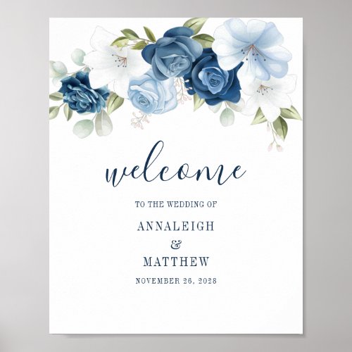 Dusty Blue Botanical Floral Wedding Welcome Poster