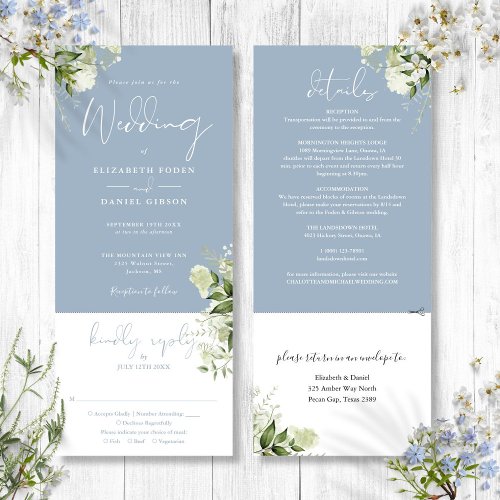 Dusty Blue Botanical Greenery All In One Wedding Invitation