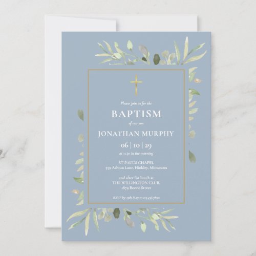 Dusty Blue Botanical Greenery Boy Baptism Invitation