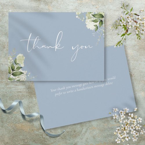 Dusty Blue Botanical Greenery Elegant Script Thank You Card