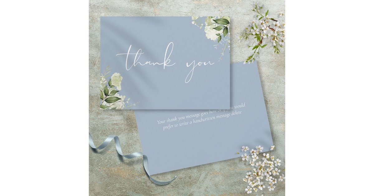 Dusty Blue Botanical Greenery Elegant Script Thank You Card | Zazzle