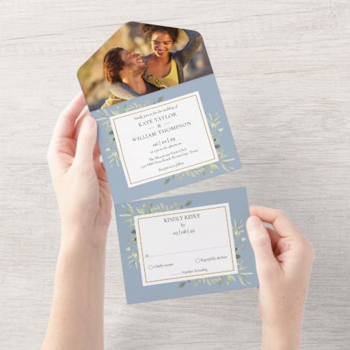 Dusty Blue Botanical Greenery Leaves Photo Wedding All In One Invitation