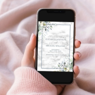 Dusty Blue Botanical Greenery Marble Photo Wedding Invitation