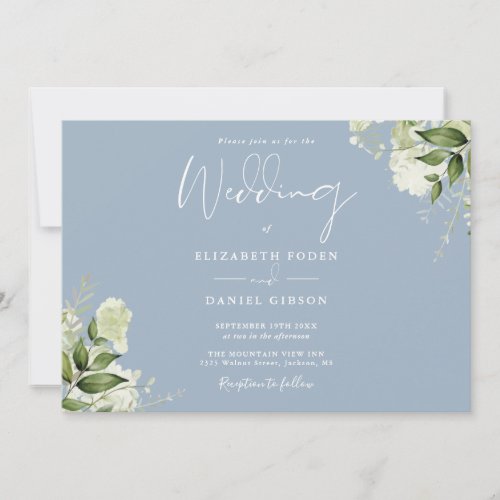 Dusty Blue Botanical Greenery Monogram Wedding Invitation