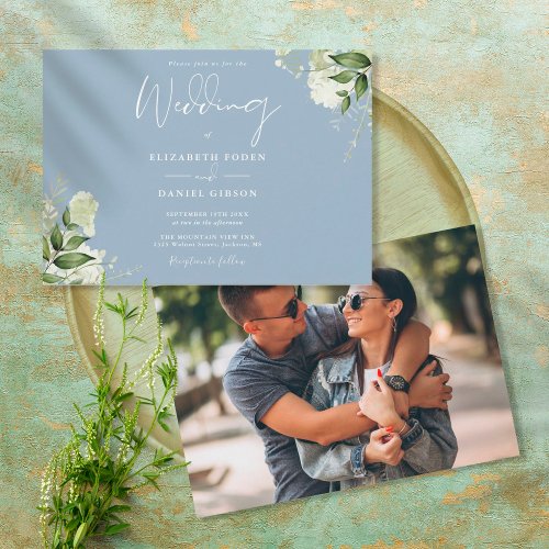 Dusty Blue Botanical Greenery Photo Wedding Invitation