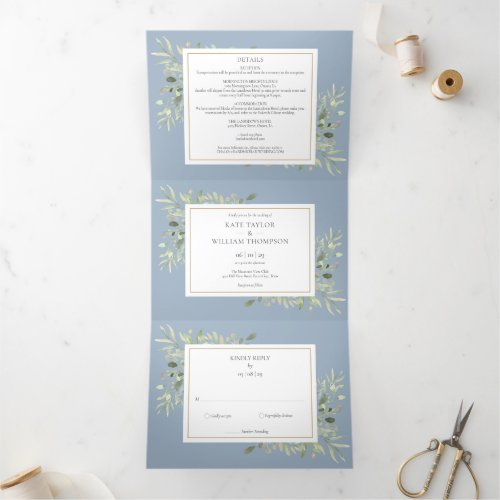 Dusty Blue Botanical Greenery Photo Wedding Tri_Fold Invitation