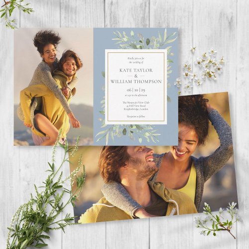 Dusty Blue Botanical Greenery Photos Wedding Invitation