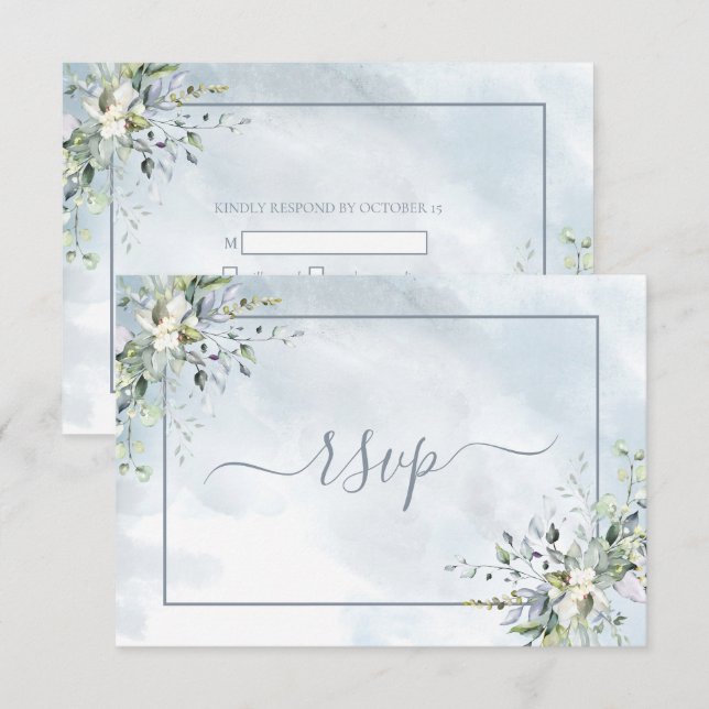Dusty Blue Botanical Greenery Watercolor RSVP Card (Front/Back)
