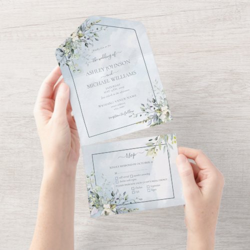 Dusty Blue Botanical Greenery Watercolor Script All In One Invitation