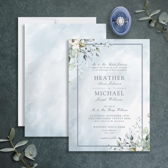 Dusty Blue Botanical Greenery Watercolor Script Invitation (Creator Uploaded)